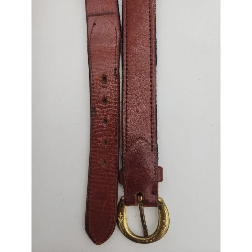 Brown Leather Belt Embroidered MJB Navy Green Stripes, Brass Buckle 36.5